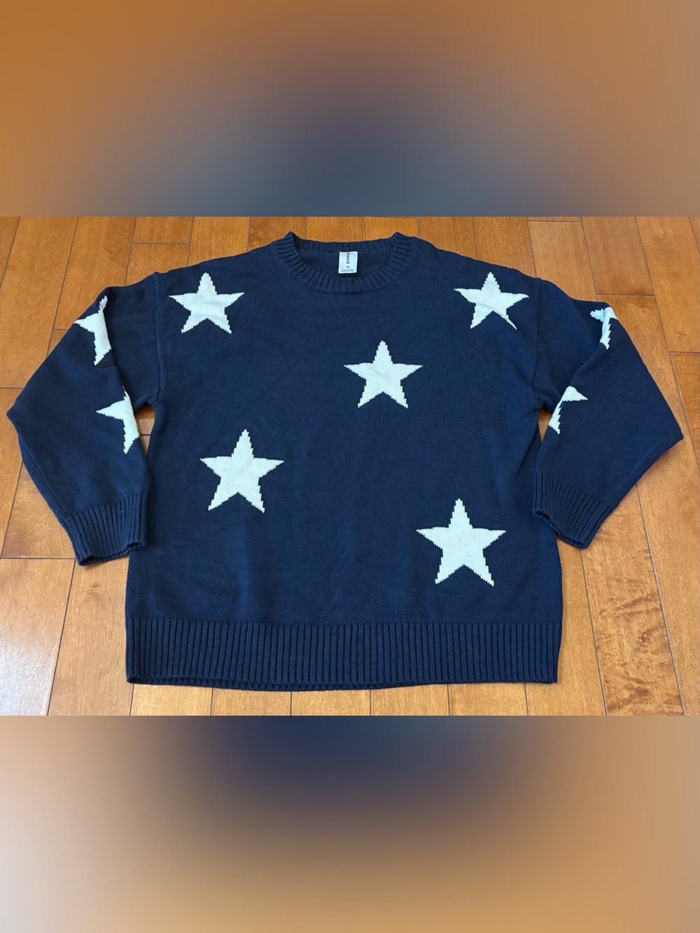 Abound Womens XS Navy Knit Sweater White Stars Crew Neck Cotton Blend NWOT